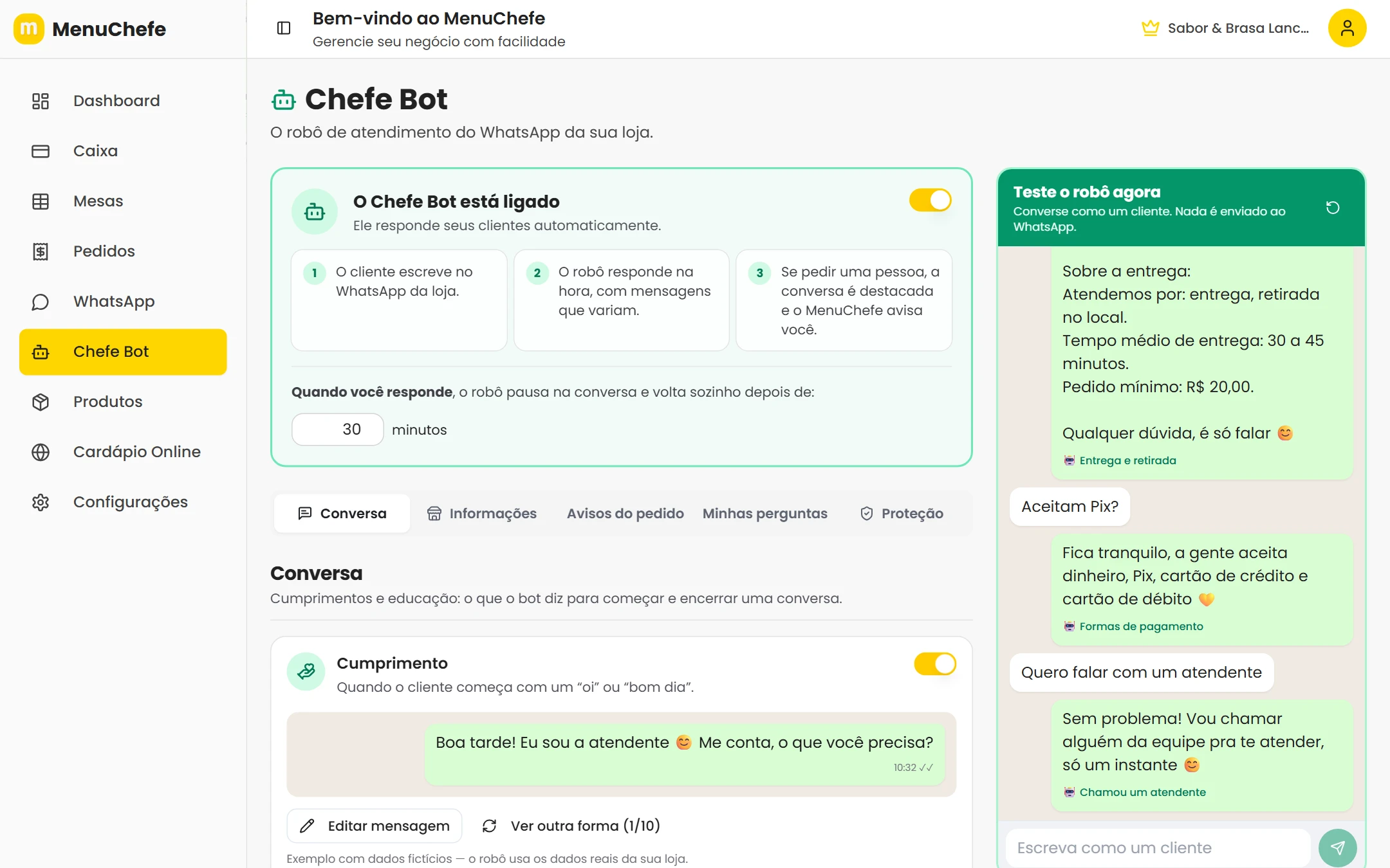 Tela de configuração do Chefe Bot com o robô ligado e uma conversa de teste