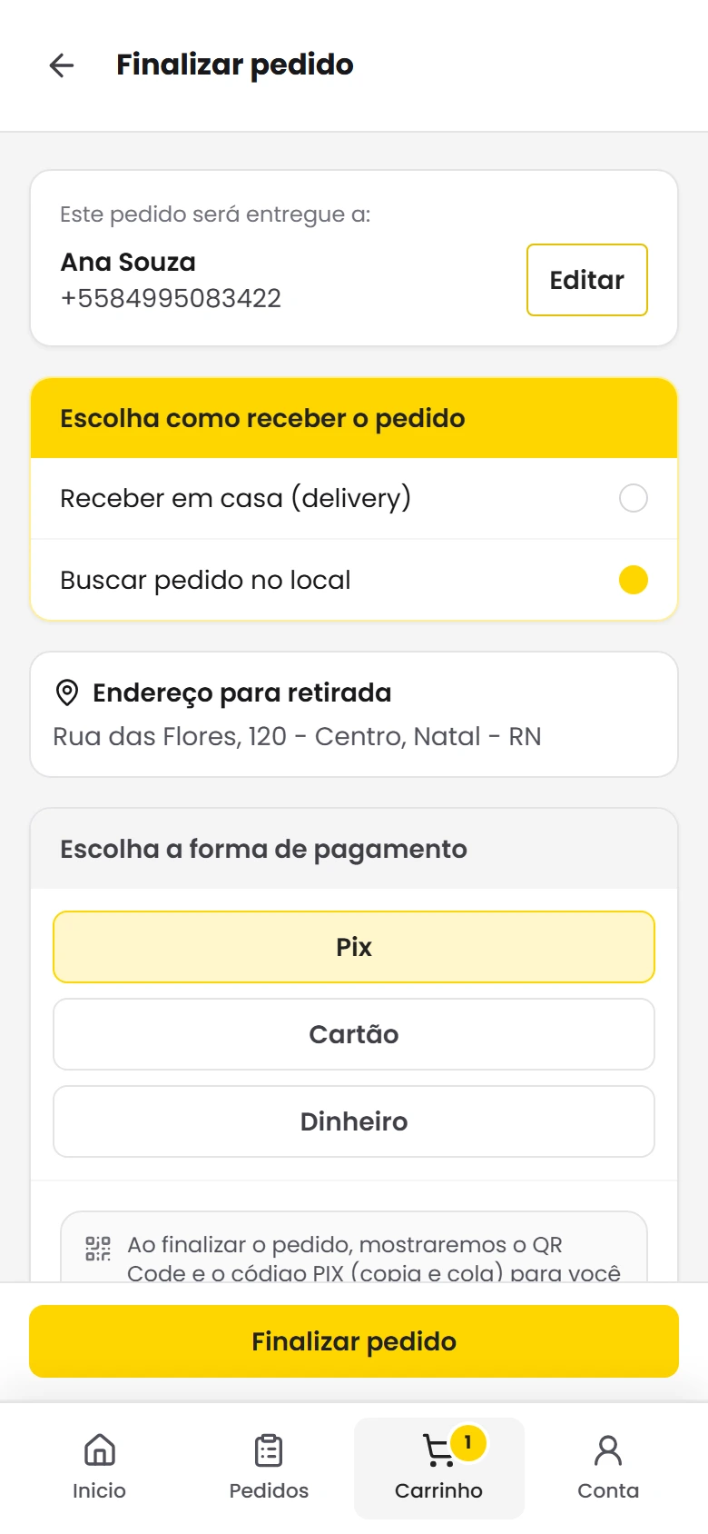 Tela de finalizar pedido com Pix escolhido
