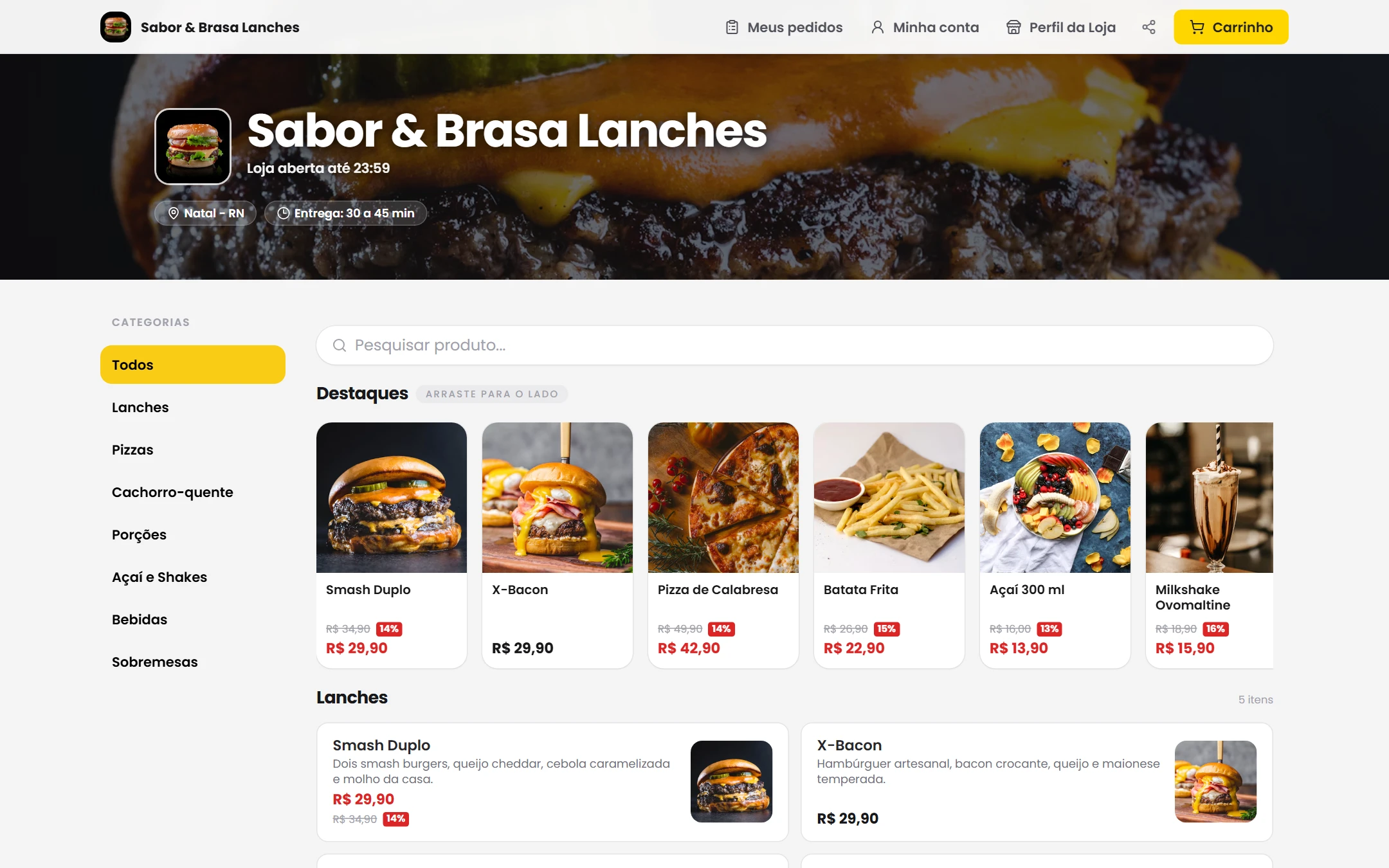 Cardápio online de uma lanchonete, com capa, destaques e promoções