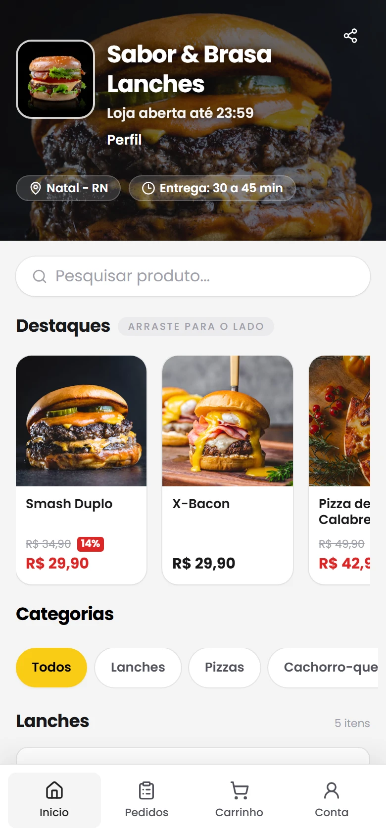 O mesmo cardápio online no celular do cliente