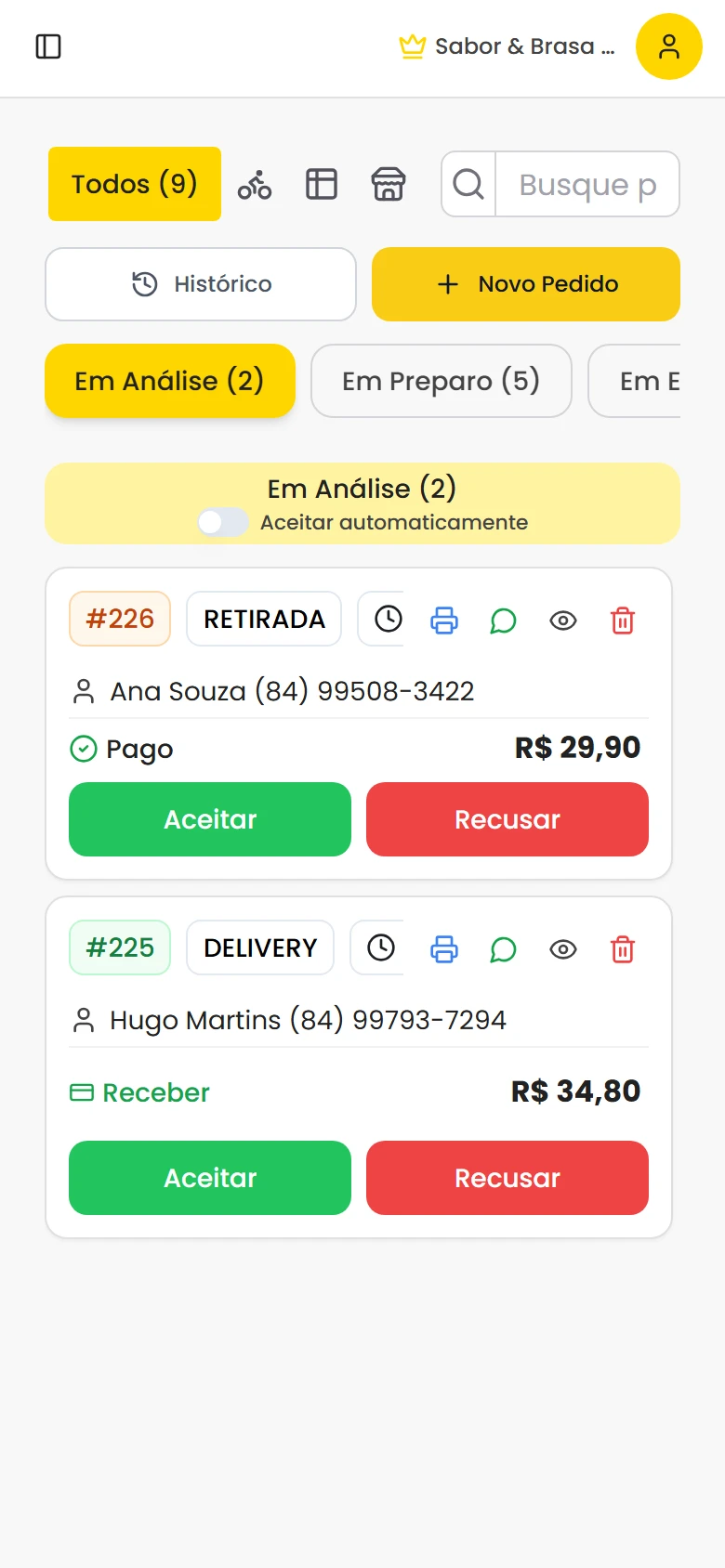Painel de pedidos no celular com o pedido pago, com Aceitar e Recusar